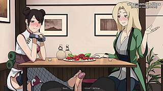 Tsunade and Tenten Give Handjob and Foot Job to Monster Cock in Public Restaurant