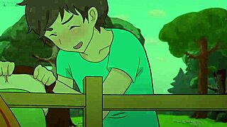 Alex gets stuck in the fence while Steve tries to pass in Minecraft hentai parody