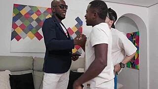 Sweet teen Mell Blanco handles three big cocks!