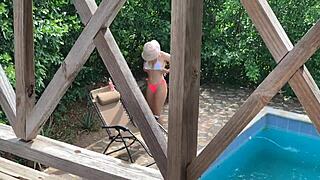 Sister-In-Law Pounds Husband Hard on Balcony While Wife Tans in Pool