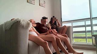 Bored watching TV, my stepsisters jerk me off instead