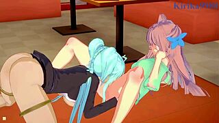 kanade, maria, and cagliostro in wild symphogear hentai lesbian fun.