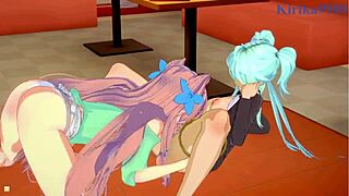 kanade, maria, and cagliostro in wild symphogear hentai lesbian fun.