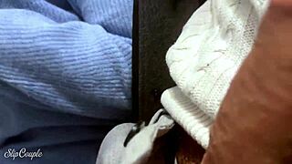 Cute babe blows in public toilet after sneaky handjob