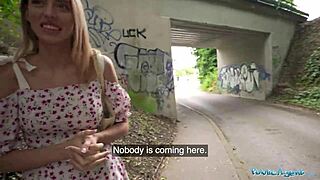 Hot babe with cute ass bangs outdoors in public spot