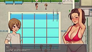 The instructor blows me in the bathroom game.