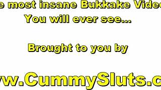 Dirty Brunette Whore in Gangbang Swallowing Cum After Blowbang and Bukkake