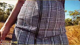 milf forgets panties, flashes shaved pussy under skirt for voyeur