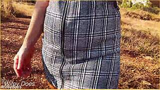 milf forgets panties, flashes shaved pussy under skirt for voyeur