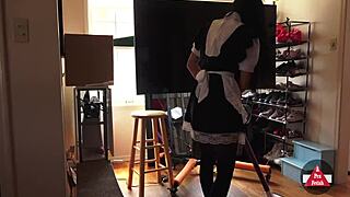 French maid cleaning house in sexy cosplay outfit.