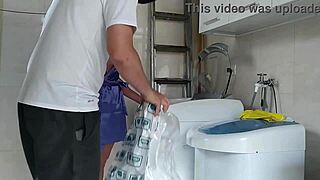 Housewife teases technician fixing her washing machine