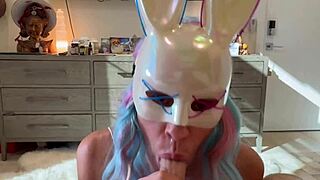 Halloween trick-or-treat, bad bunny gets cum and squirts on cock