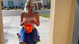 Halloween trick-or-treat, bad bunny gets cum and squirts on cock