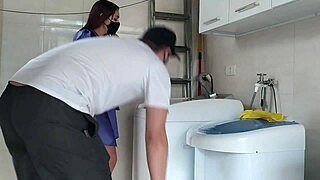 Housewife teases technician fixing her washing machine