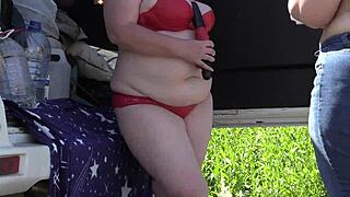 Mature lesbians with big asses caught outdoors by voyeur’s hidden camera.