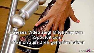 Slim model in fishnets gives POV footjob