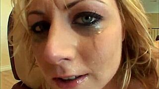 So, this busty blonde babe got facefucked by three huge dicks in wild foursome action.