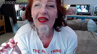 Granny teases in retro style while smoking a cigarette.