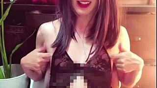 Black-Haired Japanese Crossdresser Masturbates in Public Toilet