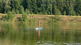 Skinny babe flashes pink micro bikini outdoors