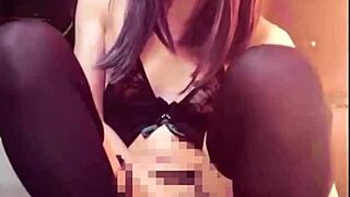 Black-Haired Japanese Crossdresser Masturbates in Public Toilet