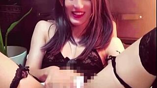 Black-Haired Japanese Crossdresser Masturbates in Public Toilet