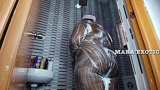 ebony nigerian couple bangs standing doggystyle in steamy shower - mara exotic