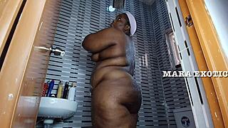 ebony nigerian couple bangs standing doggystyle in steamy shower - mara exotic