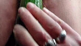 German Granny Slams Hairy Pussy with Cucumber in Kitchen
