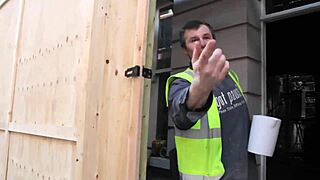 sexy brit girl pisses at construction site, flashing tits to shocked workers