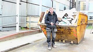 sexy brit girl pisses at construction site, flashing tits to shocked workers