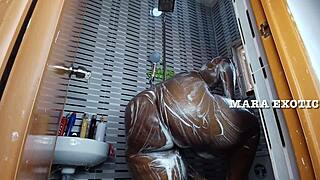 ebony nigerian couple bangs standing doggystyle in steamy shower - mara exotic