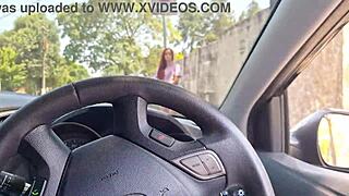 Masturbating in car in public excites hot woman at bus stop