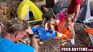 Three boys freeuse the hot chick while camping.