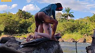 Wild gangbang with three hung studs outdoors