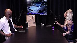 Julia Fontanelli, gangster's wife, humiliated on outdoor saddle with sheer red see-through, ass exposed, orgasms from dirty talk by black couple.