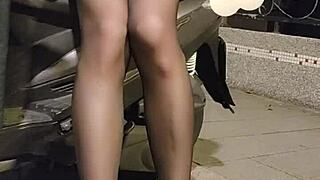 Shemale Ting Xuan in Office Suit Plays Outdoors with Toy