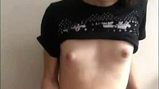 Feeling the intense pleasure as the cute tgirl moans and cums from her solo masturbation