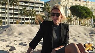 Blonde milf Anouk teases with big tits in lingerie before first assfucking session