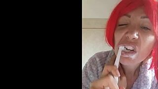 Brushing teeth properly and filling mouth with toothpaste!