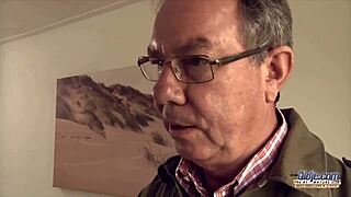 Blonde beauty seduces older guy with tight pussy. She swallows every drop of cum.