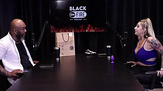 Julia Fontanelli, gangster's wife, humiliated on outdoor saddle with sheer red see-through, ass exposed, orgasms from dirty talk by black couple.