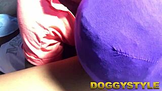 Look at this babe in black bodystockings sucking and riding to a creampie in doggy.