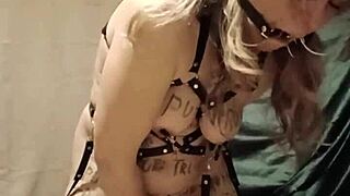 Homemade whore slapped in harness with dirty talk and magicwand