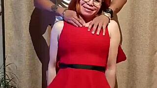 My teacher in a short red dress shows her pussy, and I couldn’t resist banging her!