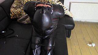 crossdresser katja drooling in tight leather bondage
