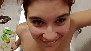 Chiara Takes Golden Shower on Tits in Italian Bathroom