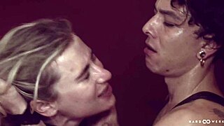 Lindsey Cruz gets double penetrated in Hardwerk, bent over for blowjob and cowgirl riding on shaved pussy.