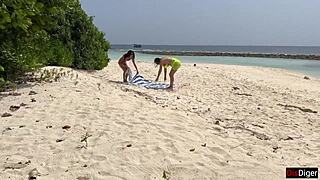 Risky Public Pickup! Stepmom and Stepdaughter Flash Dick on Beach for Cumshot?