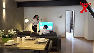 brunette gets fucked hard doggystyle and receives a facial cumshot